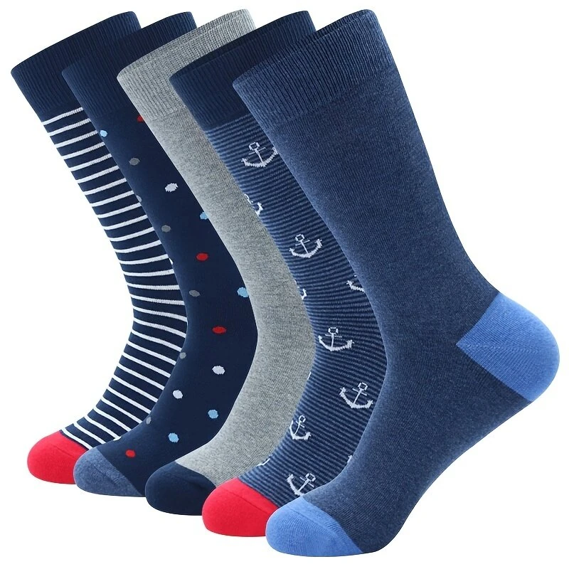(image for) 5 Pairs Fashion Colorful Men's Business Dress Socks High Quality Stripe Dots Anchor Large Size Men Cotton Socks Soft Breathable Elastic Long Socks