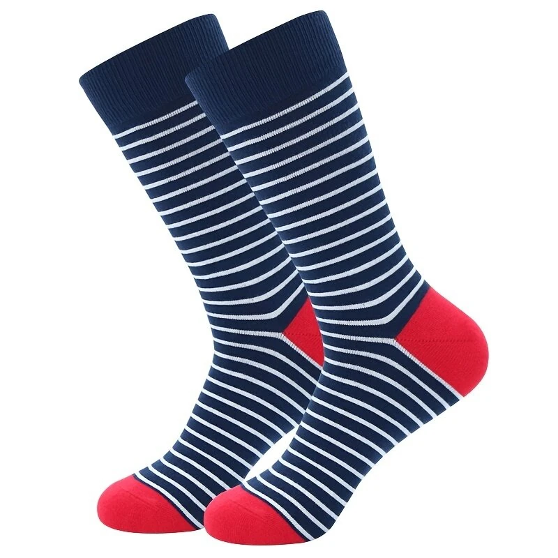 (image for) 5 Pairs Fashion Colorful Men's Business Dress Socks High Quality Stripe Dots Anchor Large Size Men Cotton Socks Soft Breathable Elastic Long Socks