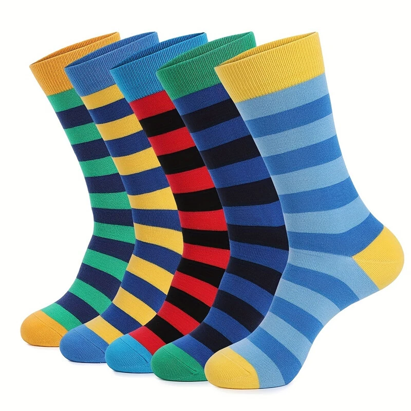(image for) 5 Pairs Men's Colorful Striped Funny Novelty Cotton Dress Socks, Cool Design Rich Funky Crew Socks for Men Comfy Breathable Long Socks