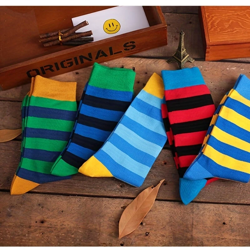 (image for) 5 Pairs Men's Colorful Striped Funny Novelty Cotton Dress Socks, Cool Design Rich Funky Crew Socks for Men Comfy Breathable Long Socks