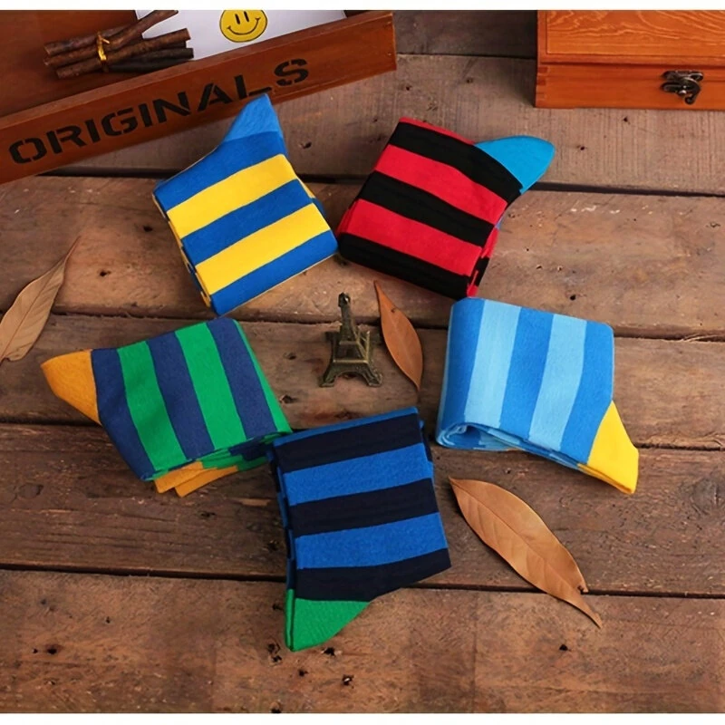 (image for) 5 Pairs Men's Colorful Striped Funny Novelty Cotton Dress Socks, Cool Design Rich Funky Crew Socks for Men Comfy Breathable Long Socks