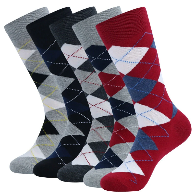(image for) 5 Pairs Men's Dress Crew Socks Fashion Colorful Gentleman's Socks Comfy Cotton Long Socks, Argyle Print Vintage Socks Casual Socks Plus Size