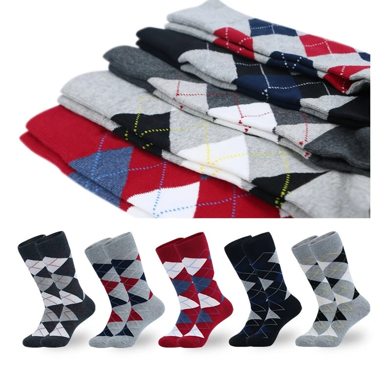 (image for) 5 Pairs Men's Dress Crew Socks Fashion Colorful Gentleman's Socks Comfy Cotton Long Socks, Argyle Print Vintage Socks Casual Socks Plus Size