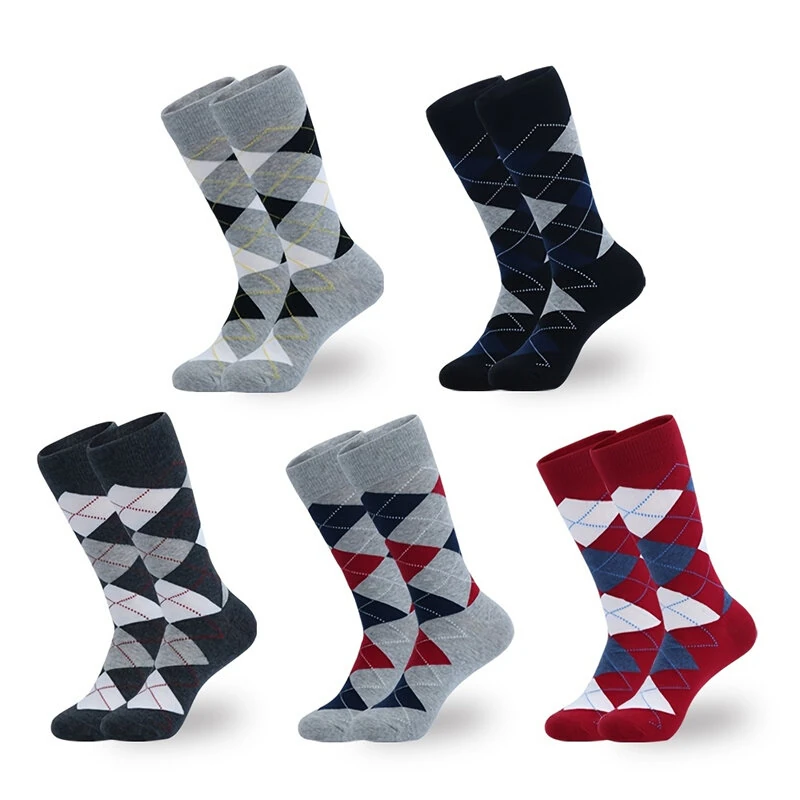 (image for) 5 Pairs Men's Dress Crew Socks Fashion Colorful Gentleman's Socks Comfy Cotton Long Socks, Argyle Print Vintage Socks Casual Socks Plus Size