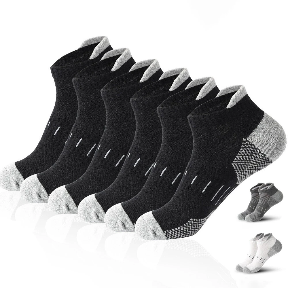 (image for) 6 Pairs Mens Athletic Ankle Socks Running Cycling Sport Socks Moisture Wicking Cushion High Elastic Short Socks Comfy Breathable Casual Socks