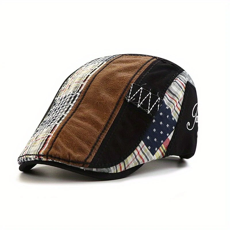 (image for) Collrown British Style Men's Beret Cap with Stitching Plaid Pattern Vintage Peaked Cap for Autumn Winter Mens Flat Hat Newsboy Cap