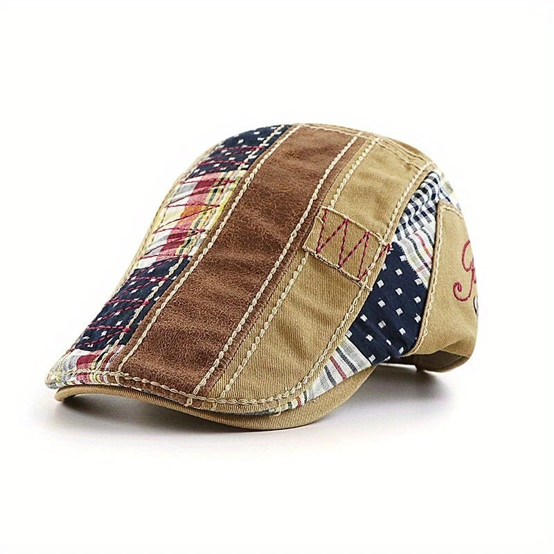 (image for) Collrown British Style Men's Beret Cap with Stitching Plaid Pattern Vintage Peaked Cap for Autumn Winter Mens Flat Hat Newsboy Cap