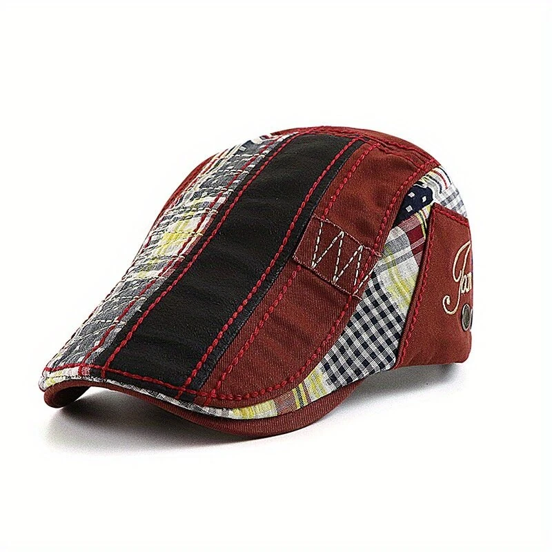 (image for) Collrown British Style Men's Beret Cap with Stitching Plaid Pattern Vintage Peaked Cap for Autumn Winter Mens Flat Hat Newsboy Cap